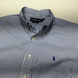 Ralph Lauren Custom Fit Blue White Stripe Button Down‎ Shirt Men's XL